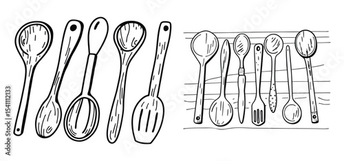 Black and white illustration of various wooden spoons used in cooking and food preparation settings