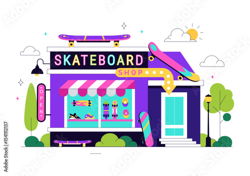 Skateboard Shop Vector Illustration Featuring a Shop That Sells Skateboards Equipment Such as Boards, Wheels, and Other Accessories Background