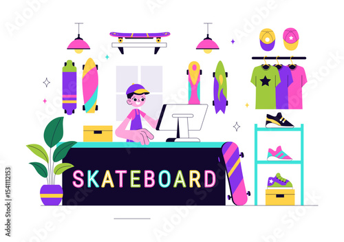 Skateboard Shop Vector Illustration Featuring a Shop That Sells Skateboards Equipment Such as Boards, Wheels, and Other Accessories Background
