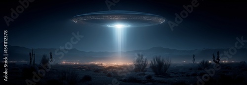 Nighttime UFO hovers above the desert, illuminating the area with a beam of bright light.