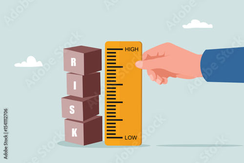 Risk assessment and investigation, analyzing the level of potential danger, businessman's hand measuring the risk box with ruler symbol