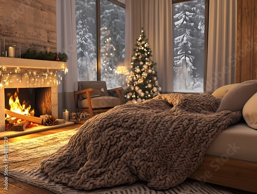 Cozy Winter Bedroom Fireplace Warmth Christmas Tree Glow Knitted Blanket Comfort Snow View Haven 100