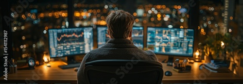 Working in the office at night as a financial trading specialist