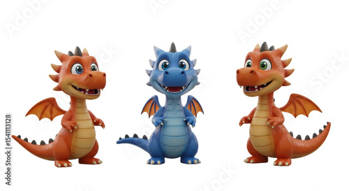 Wallpaper Mural Three colorful cartoon baby dragons with wings and horns standing on white background Torontodigital.ca
