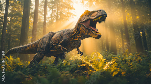 Dinosaur in a dense prehistoric jungle, featuring a roaring T-Rex with sharp teeth and intense expression. Ai Generated Images