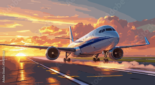 Majestic Takeoff: Airplane Soaring into a Golden Sunset Sky"