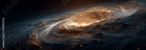 Vast black hole with swirling light and gas in the cosmos