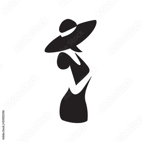 Portrait of a beautiful woman in an elegant wide-brimmed hat in a minimalist style. Young girl in a dress. High Fashion vector illustration.