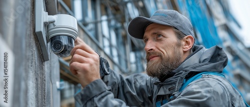 A CCTV camera is being installed by a technician on a building wall.