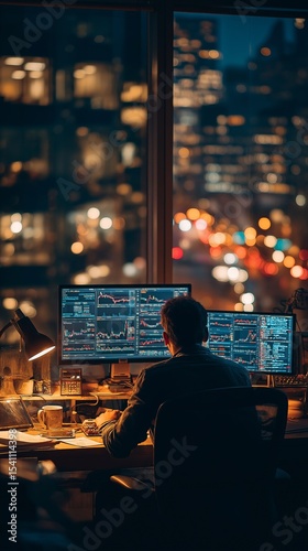 Working in the office at night as a financial trading specialist