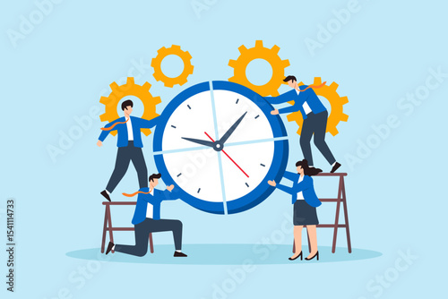 Flat illustration of business team assembling giant clock together to symbolize teamwork time management productivity and task coordination