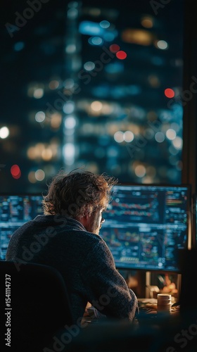 Working in the office at night as a financial trading specialist