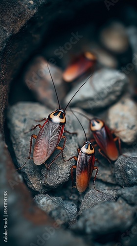 Indoor cockroaches crawling on the trash can