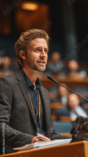 A man with papers and a microphone is lecturing at the lecture hall lectern.