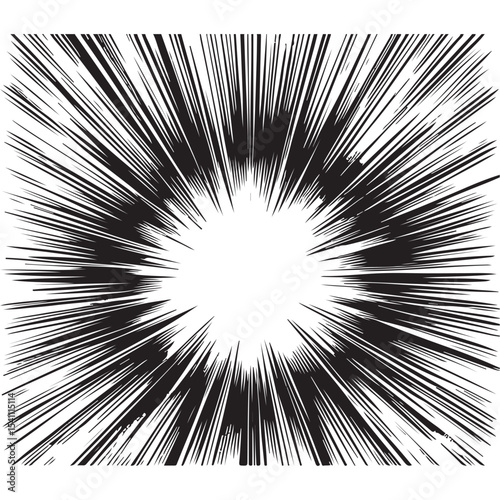 Speed lines in frame for manga comics book. Radial motion background. Monochrome explosion and flash glow. Vector concentric textured illustration.