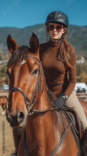 An equestrian woman wearing a helmet and gripping reins is riding a brown horse in a sunny pasture.