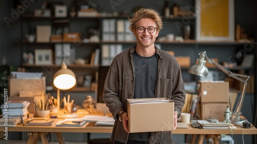 In an office holding box with documents, a desk lamp, and supplies, a man stands next to a glass desk.