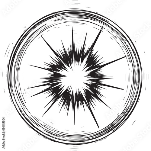 Speed lines in frame for manga comics book. Radial motion background. Monochrome explosion and flash glow. Vector concentric textured illustration.
