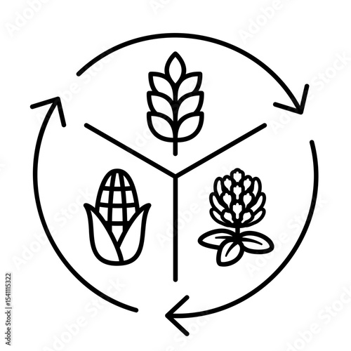 Crop rotation icon: wheat, clover & corn. Sustainable farming, soil health, cover crops, agriculture and food systems. Vector illustration.