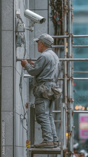 A CCTV camera is being installed by a technician on a building wall.