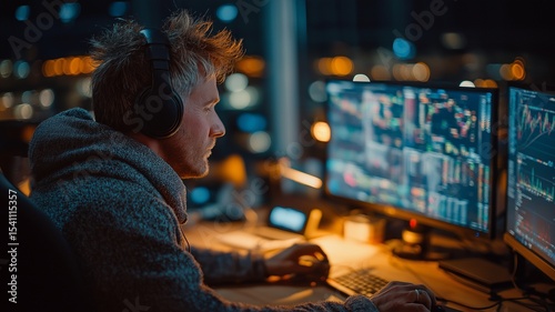 Working in the office at night as a financial trading specialist