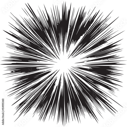 Speed lines in frame for manga comics book. Radial motion background. Monochrome explosion and flash glow. Vector concentric textured illustration.