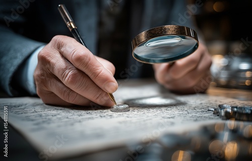 At an indoor table, an appraiser wearing a loupe is assessing a ring.