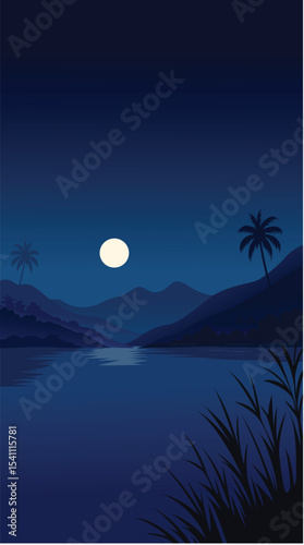 A beautiful vector night landscape featuring a full moon, tropical trees, mountains, and a calm lake. Perfect for nature, travel, and scenic background design projects.