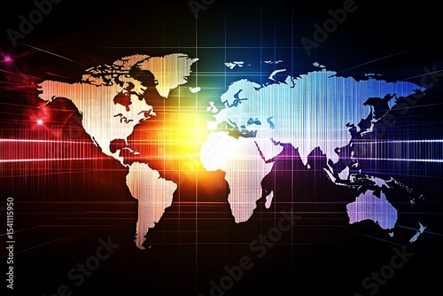 World map with digital grid and vibrant colors for technology, global communication and innovation