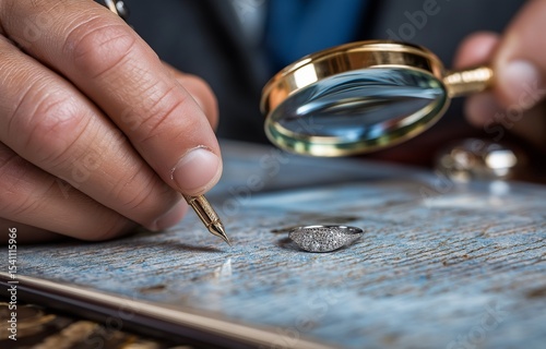 At an indoor table, an appraiser wearing a loupe is assessing a ring.
