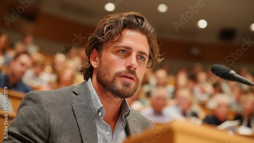 A man with papers and a microphone is lecturing at the lecture hall lectern.