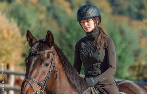 An equestrian woman wearing a helmet and gripping reins is riding a brown horse in a sunny pasture.