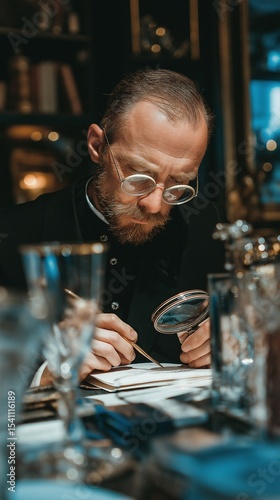 At an indoor table, an appraiser wearing a loupe is assessing a ring.