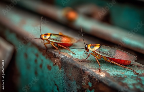 Indoor cockroaches crawling on the trash can