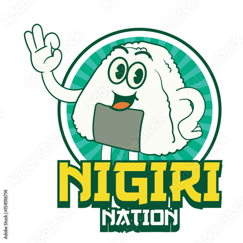 Vector Illustration of Onigiri Mascot with Retro Cartoon mascot Available for Logo Badge