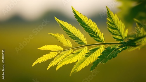 Lush, serrated leaves glow, sunlit on tree branch, green and golden tones dominate
