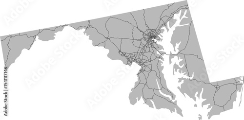 Maryland vector map of the National Highway System with state boundary (NHS,  Albers Equal Area projection, PPT-compatible & fully editable)