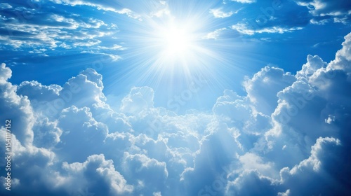 A bright, sunny day with a blue sky and fluffy white clouds, featuring a large, bright sun shining down on the scene.