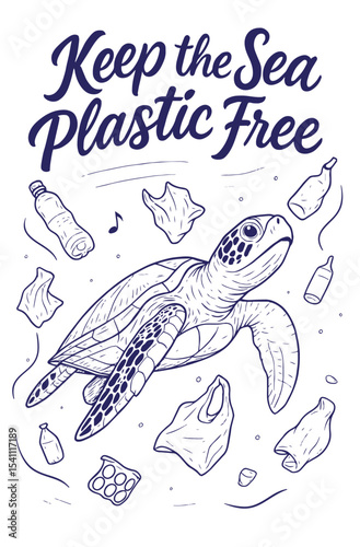 vector sketch illustration of turtles swimming in the sea full of plastic waste