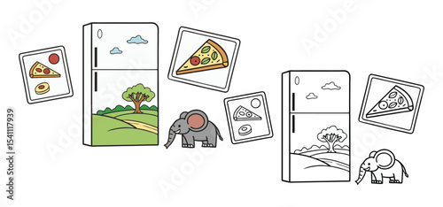 Cartoon refrigerator with a pizza magnet and cute elephants with a beautiful outdoor landscape background illustration