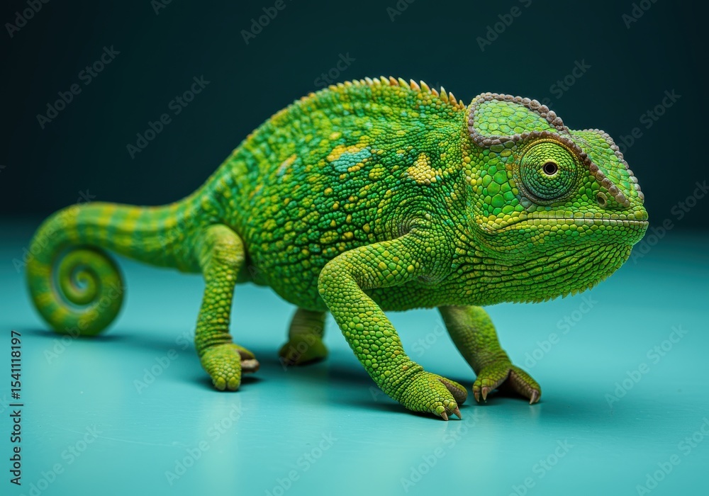 Obraz premium Green chameleon standing on blue surface