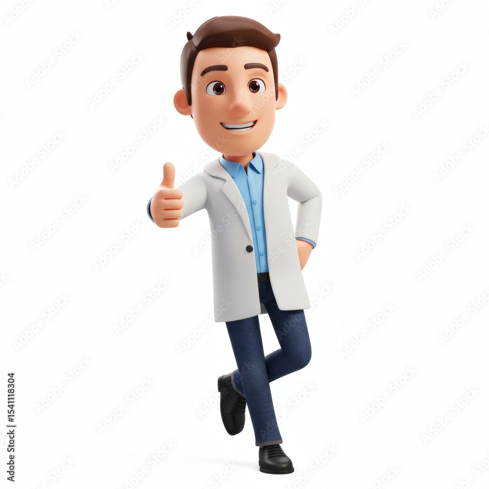 Cartoon doctor giving thumbs up wearing lab coat and jeans isolated on white Cartoon doctor giving thumbs up wearing lab coat and jeans isolated on white