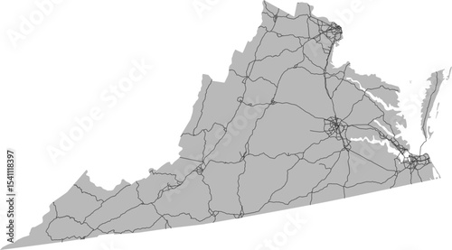 Virginia vector map of the National Highway System with state boundary (NHS,  Albers Equal Area projection, PPT-compatible & fully editable)