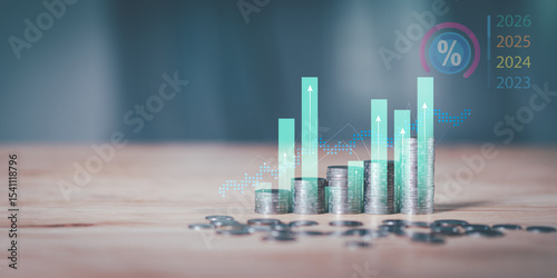 concept interest rates and dividends ,investment growth percentage and interest on deposits ,increase in interest rates ,Retirement returns ,increase of business profits,finance and investment