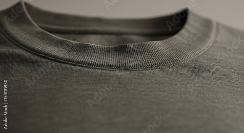 Close-up of a Dark Olive Green Crew Neck T-Shirt, Soft Fabric Texture