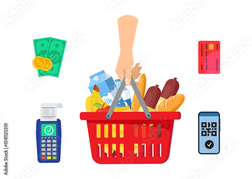 Hand holds shopping basket full of fresh produce. Buy grocery in the supermarket and the payment method. Vector illustration in flat style. stock illustration