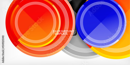 Abstract circles overlap, creating vibrant color layers. Red, blue, orange hues dominate dark background. Modern design element.