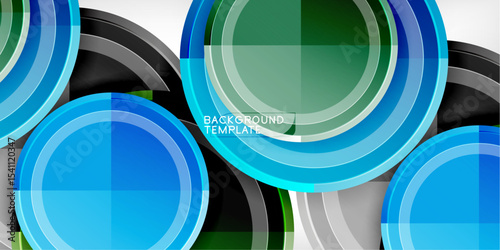 Abstract circles overlap, creating vibrant blue, green tones. Modern design, sleek presentation, dark background enhances visual impact.