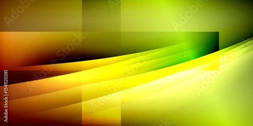 Abstract design features vibrant layers, flowing shapes, yellow, green hues. Dark background emphasizes bright colors, creating dynamic visual effect.