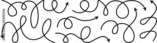 Dashed arrow squiggly vector line set. Curved shape doodle brush element. Complex plan, map path pattern. 3d up down direction scribble dynamic curly marker. Looped black stroke twirl spiral handdrawn